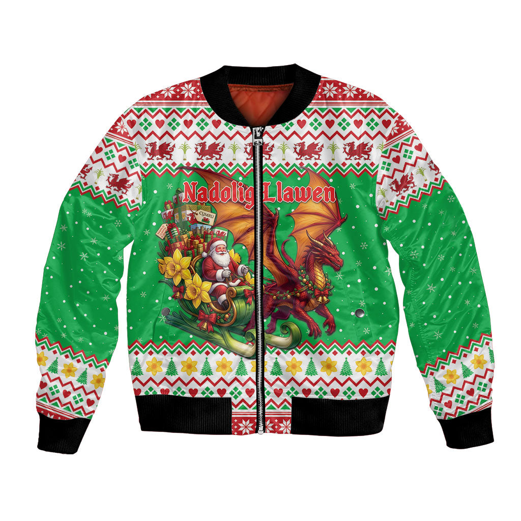 Wales Christmas Bomber Jacket Welsh Dragon Santa Sleigh