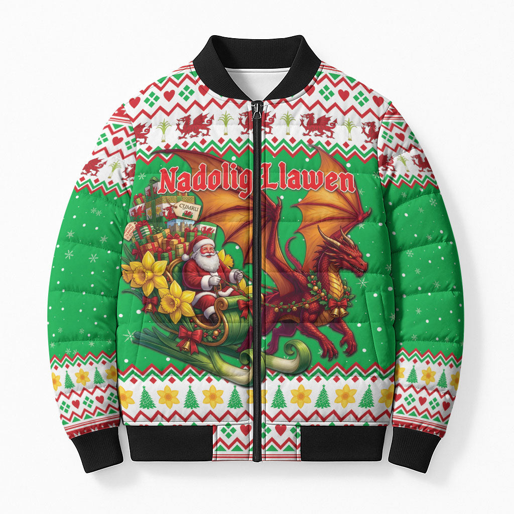 Wales Christmas Bomber Puffer Jacket Welsh Dragon Santa Sleigh