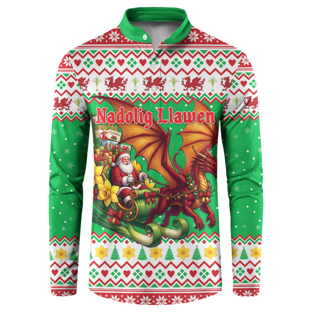 Wales Christmas Button Sweatshirt Welsh Dragon Santa Sleigh