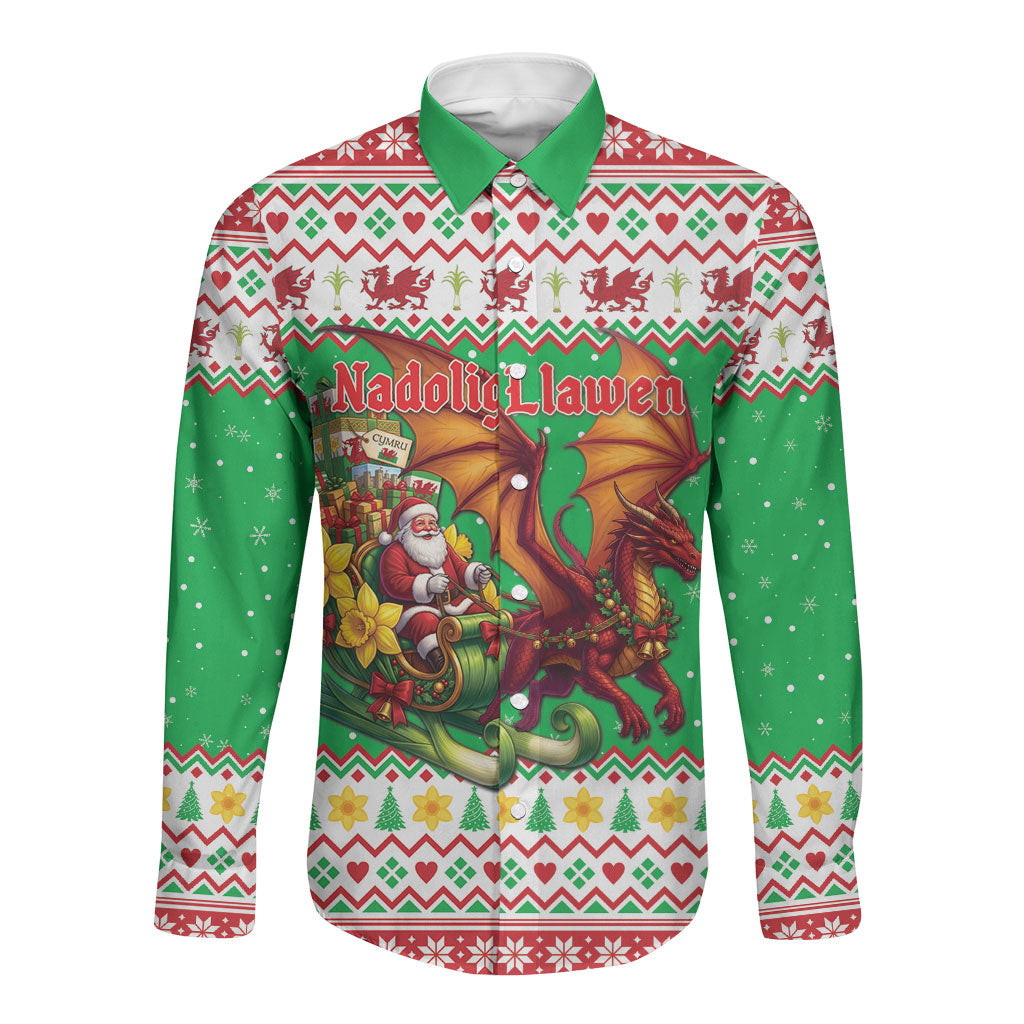 Wales Christmas Long Sleeve Button Shirt Welsh Dragon Santa Sleigh