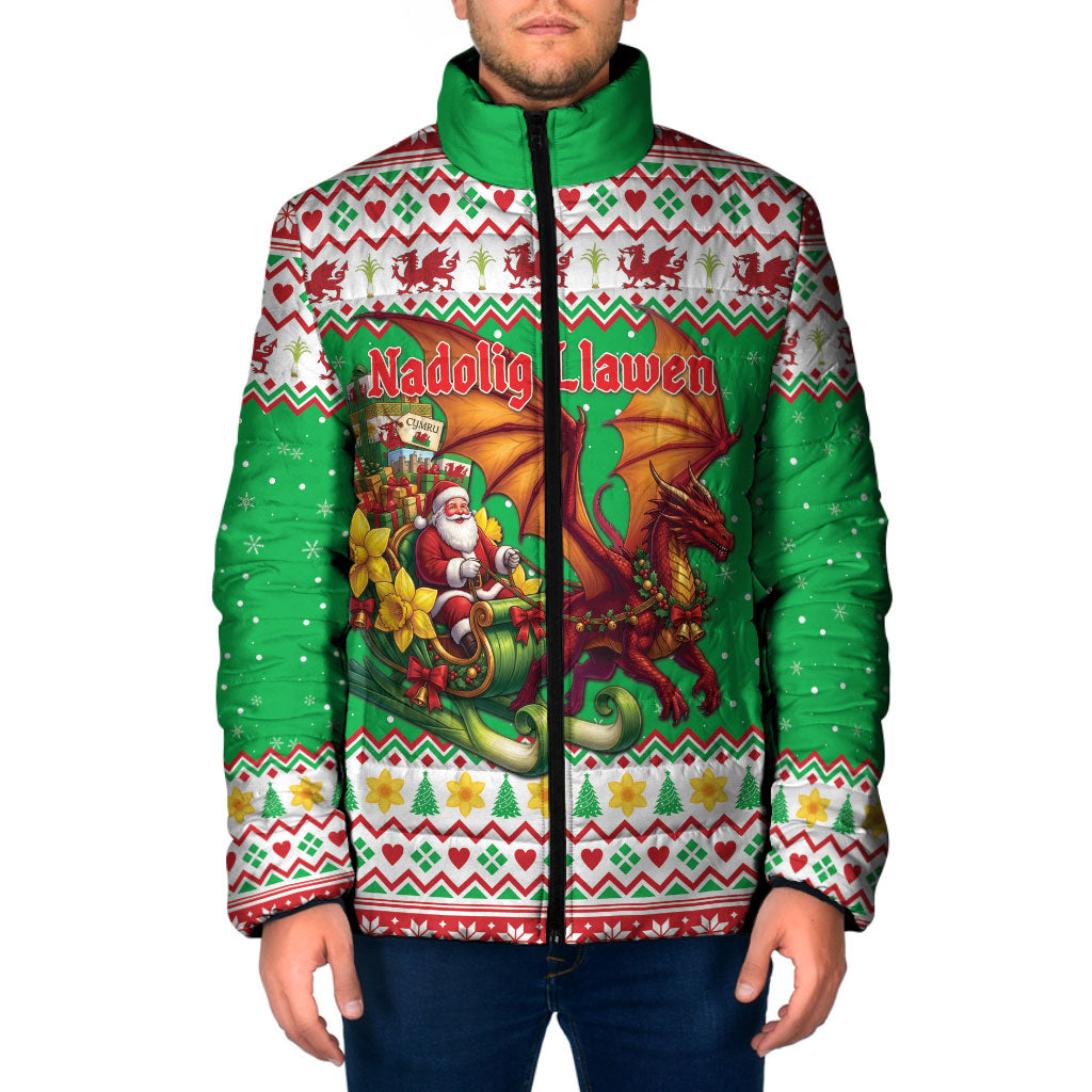Wales Christmas Padded Jacket Welsh Dragon Santa Sleigh