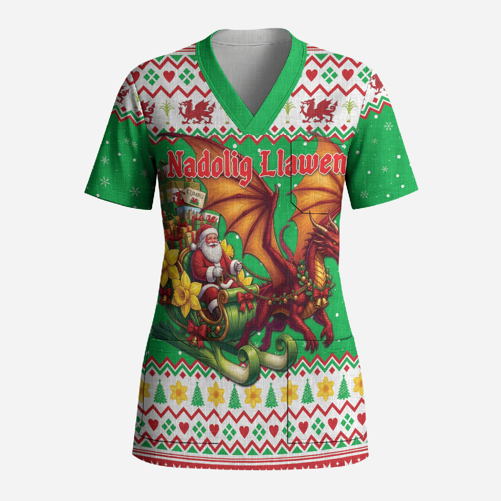 Wales Christmas Scrub Top Welsh Dragon Santa Sleigh