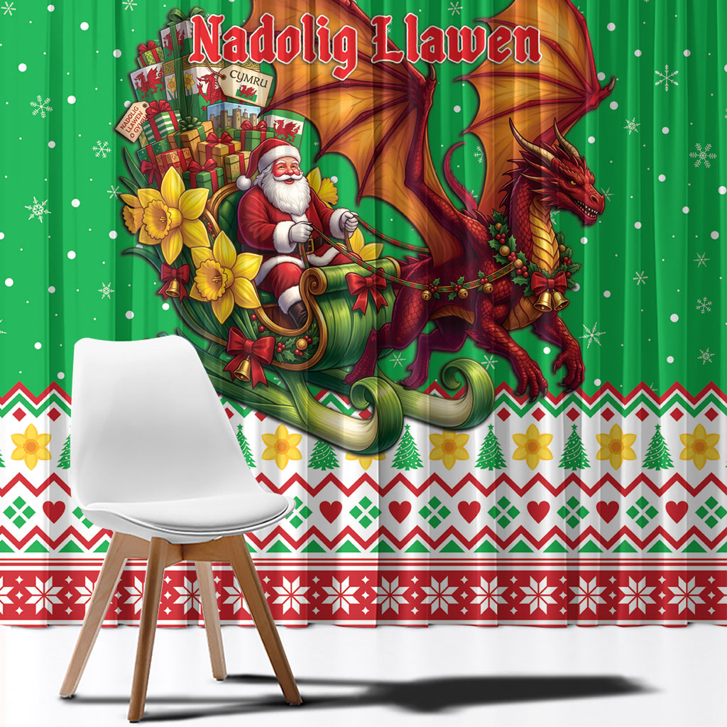 Wales Christmas Window Curtain Welsh Dragon Santa Sleigh