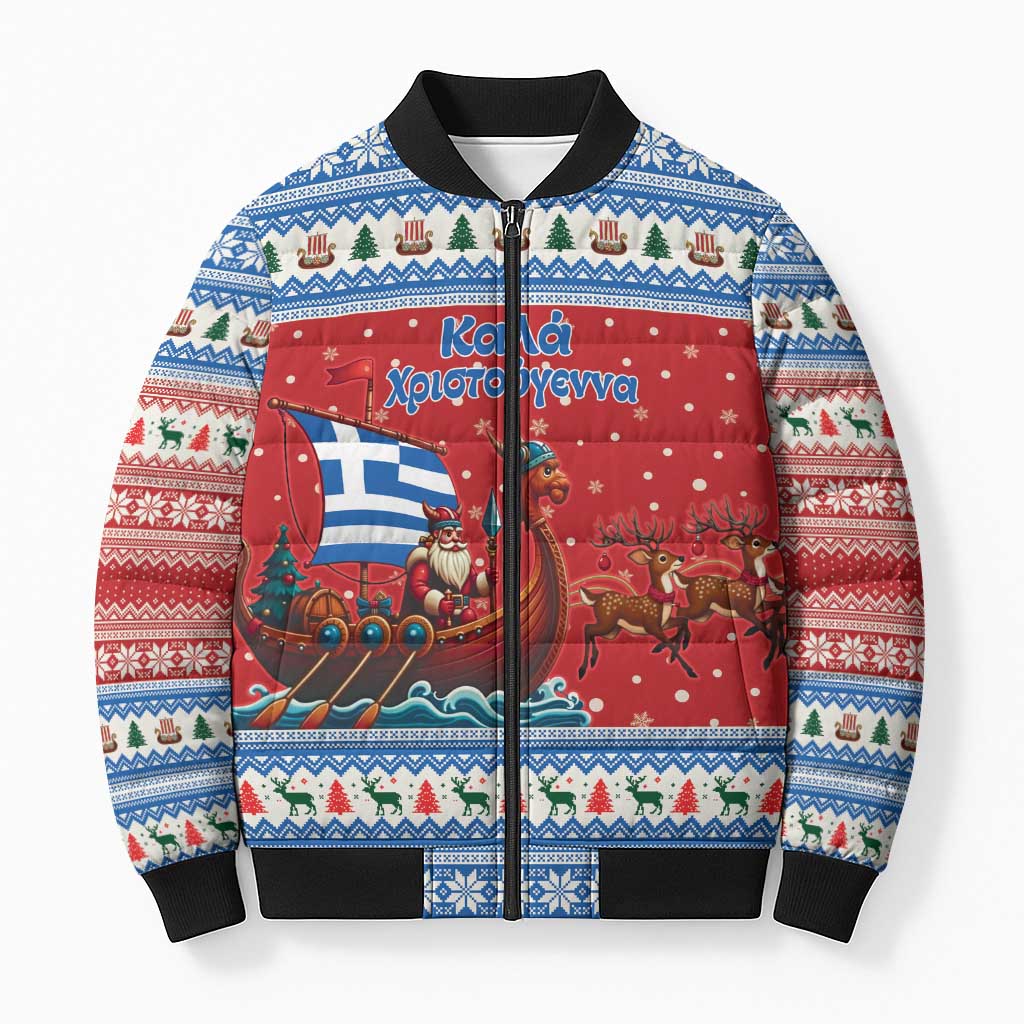 Greece Viking Santa Christmas Bomber Puffer Jacket Funny Reindeer Norse Xmas - Wonder Print Shop