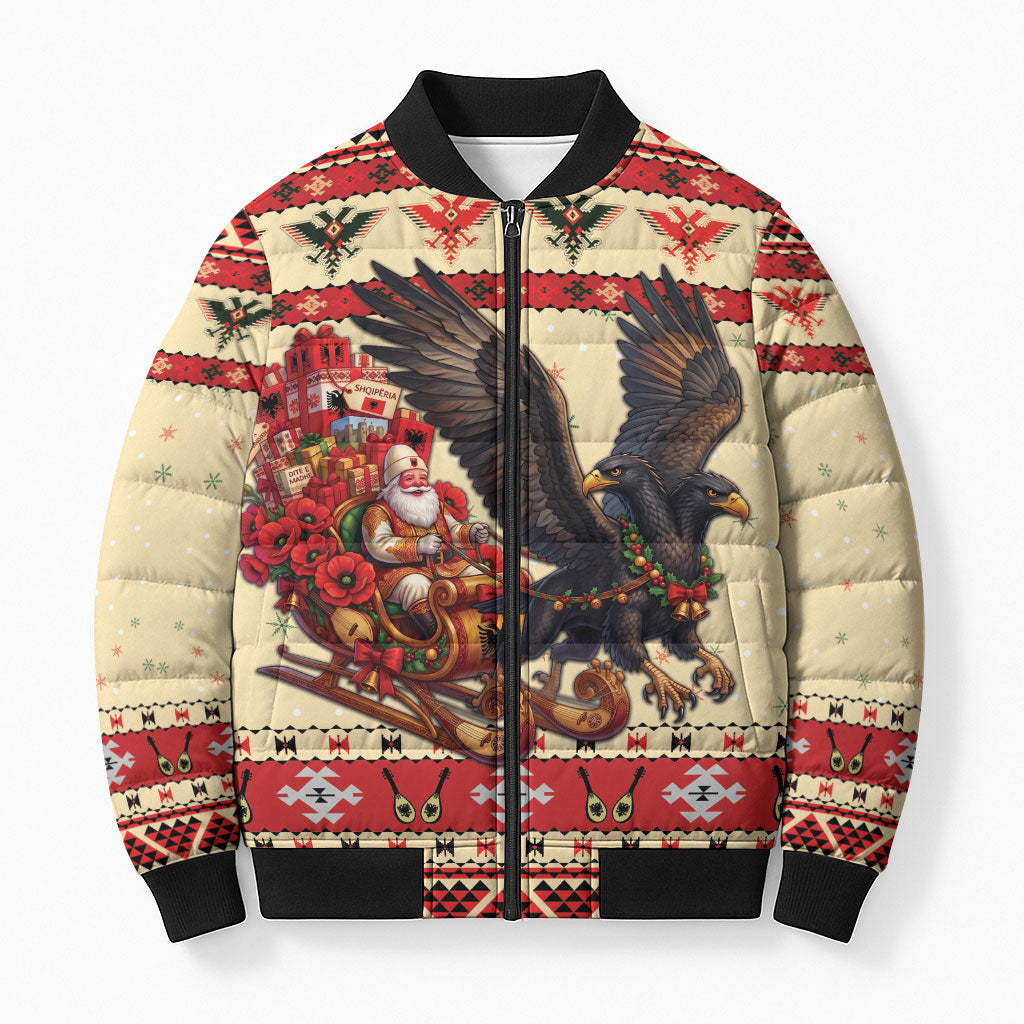 Albania Christmas Bomber Puffer Jacket Double Headed Eagle Santa Sleigh