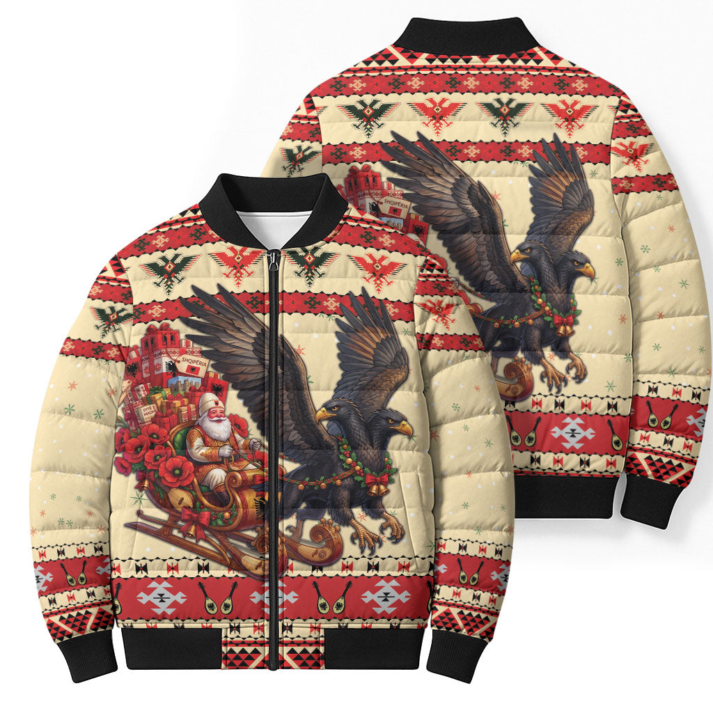 Albania Christmas Bomber Puffer Jacket Double Headed Eagle Santa Sleigh