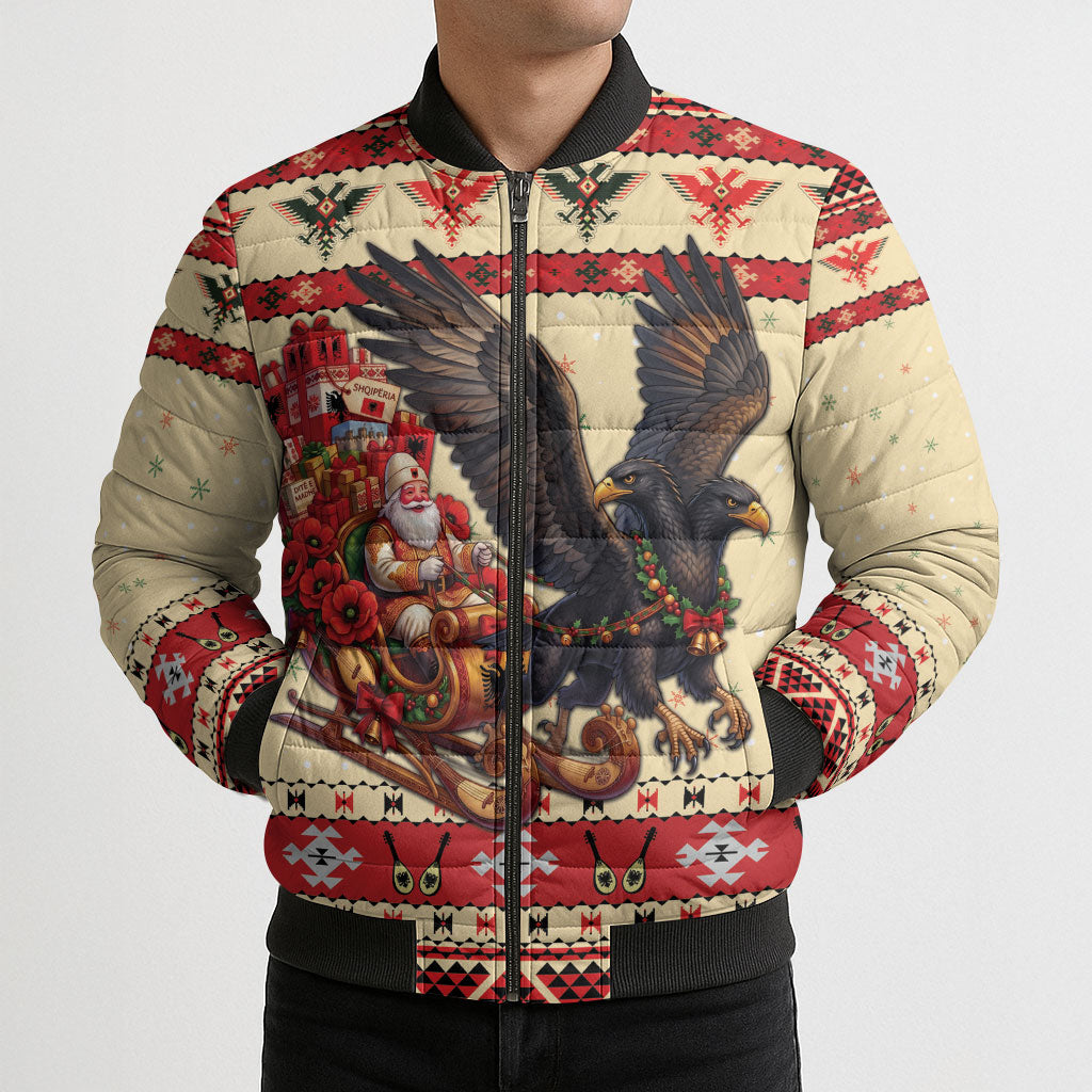 Albania Christmas Bomber Puffer Jacket Double Headed Eagle Santa Sleigh
