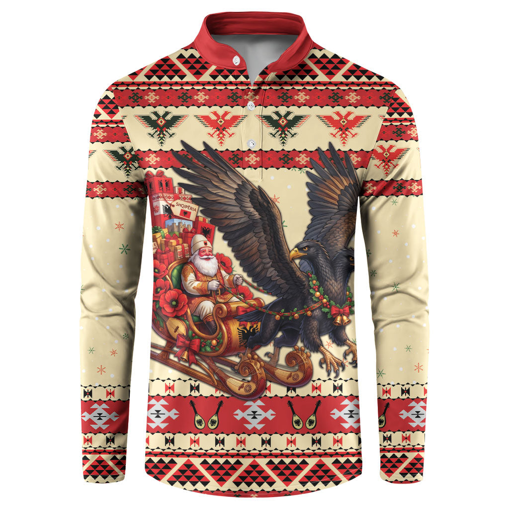 Albania Christmas Button Sweatshirt Double Headed Eagle Santa Sleigh