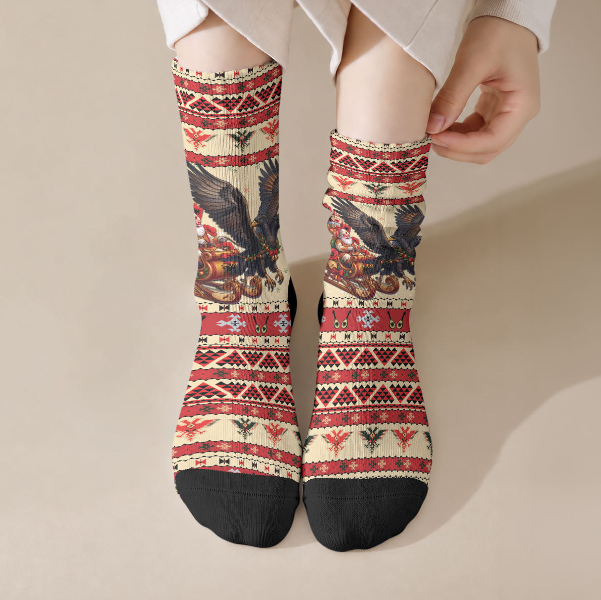 Albania Christmas Crew Socks Double Headed Eagle Santa Sleigh