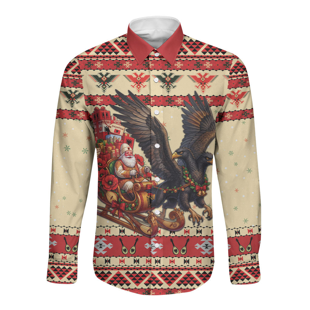 Albania Christmas Long Sleeve Button Shirt Double Headed Eagle Santa Sleigh