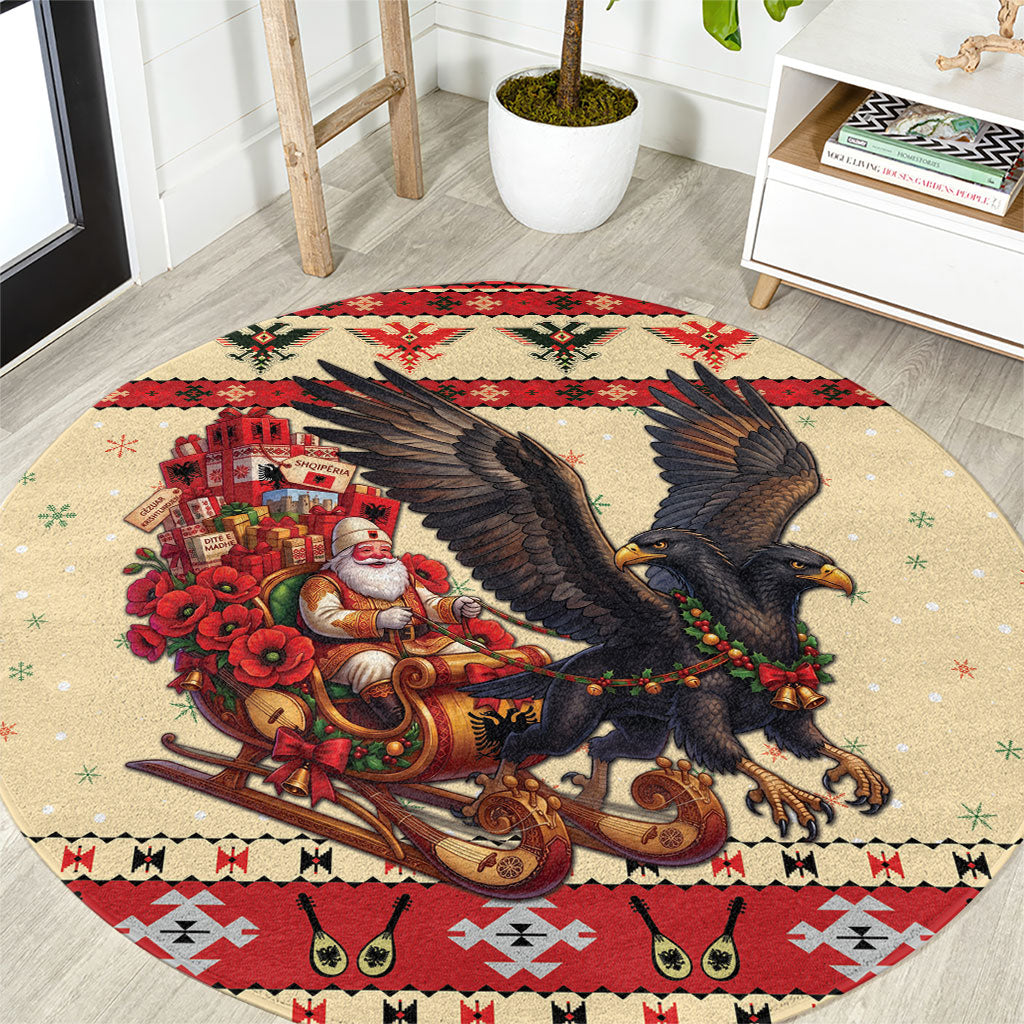 Albania Christmas Round Carpet Double Headed Eagle Santa Sleigh