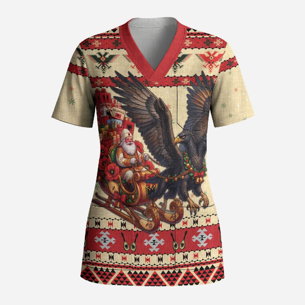 Albania Christmas Scrub Top Double Headed Eagle Santa Sleigh