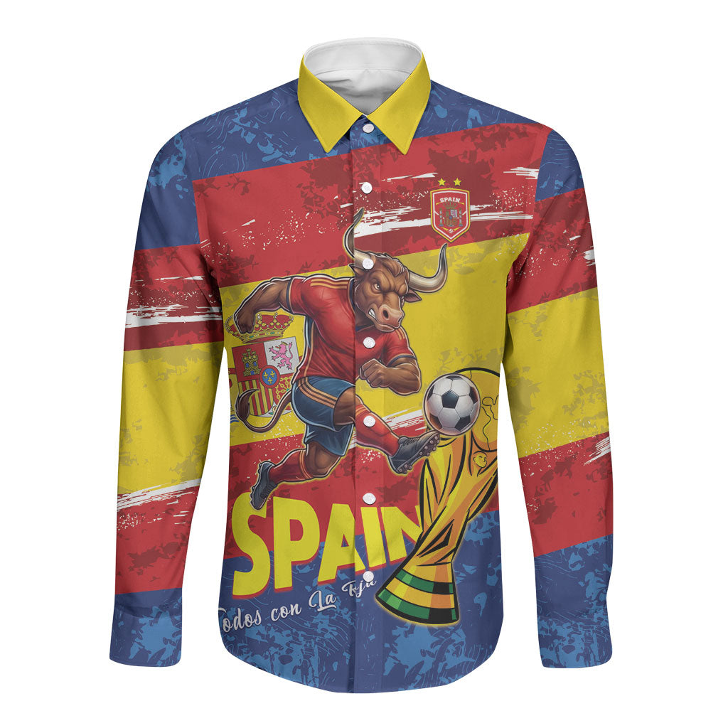 Spain National Football Custom Long Sleeve Button Shirt Spanish Bull Trophy Todos con La Roja