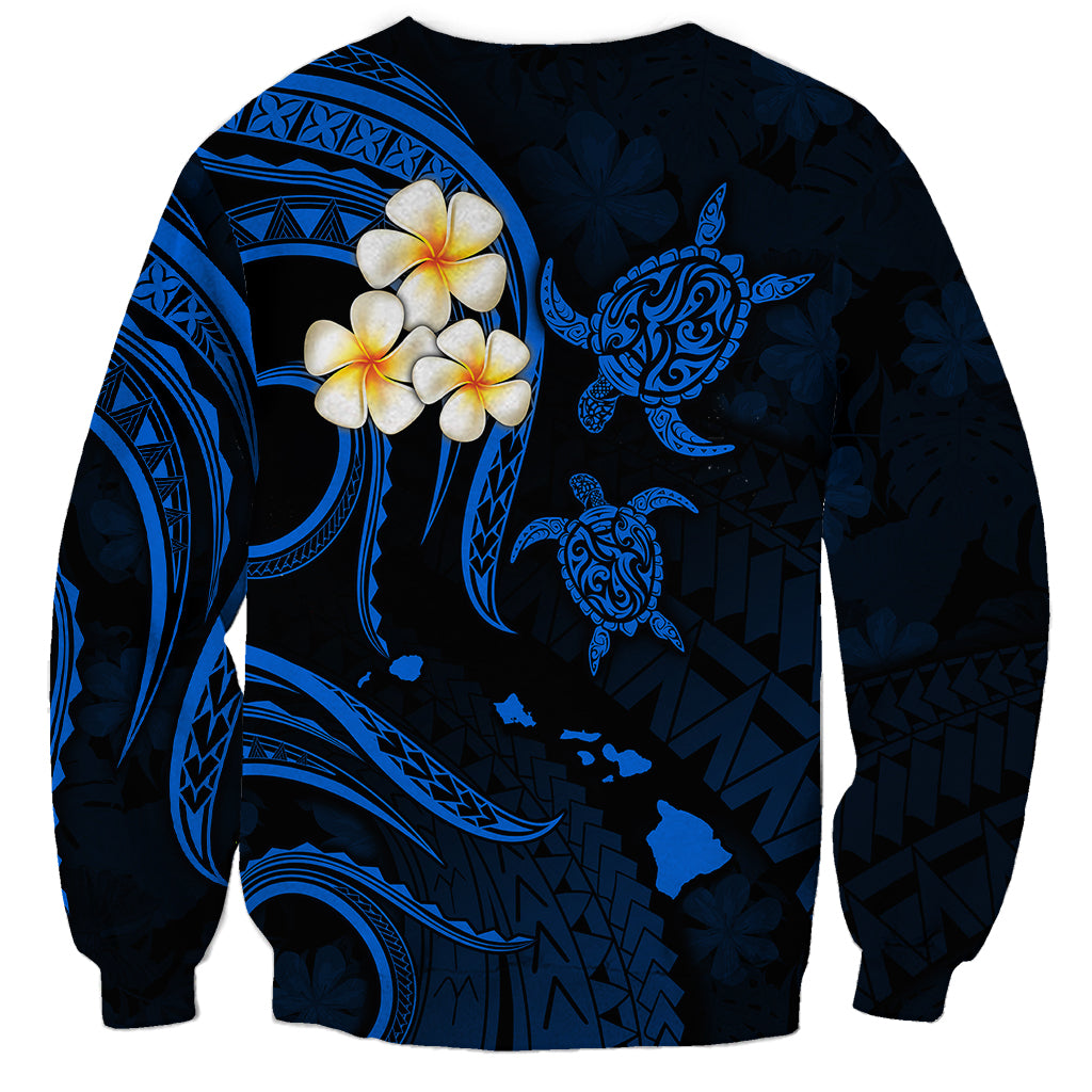 Unisex Hawaii sweatshirt, dark navy with blue back island motif and plumeria blossom cluster