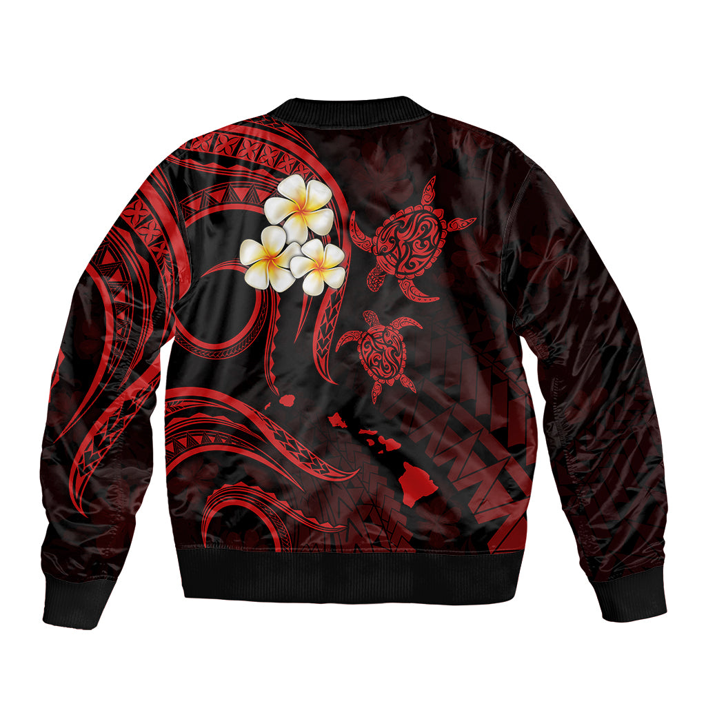 Red and black bomber jacket with plumeria and sea turtle back graphic