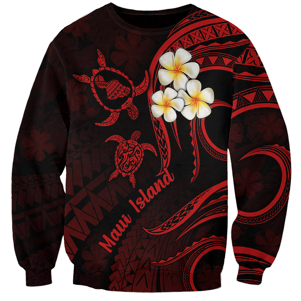 Unisex dark red sweatshirt with red turtle, plumeria flowers, and Maui Island text