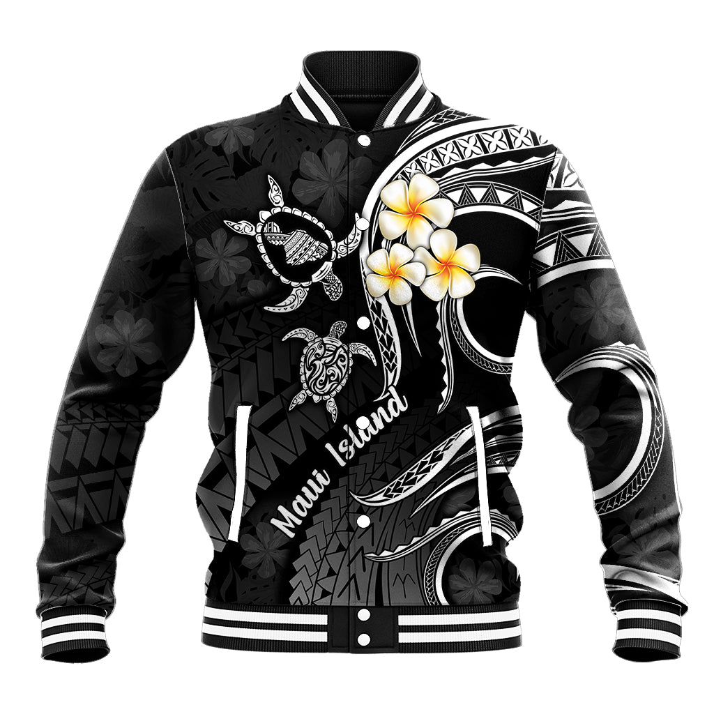 Unisex black baseball jacket with white striped ribbed collar and plumeria graphics