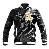 Unisex black baseball jacket with white striped ribbed collar and plumeria graphics