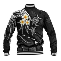 Unisex black varsity jacket with white stripes and large plumeria on back