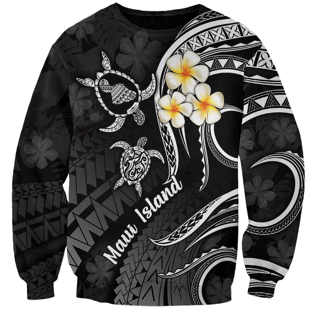 Black crewneck sweatshirt with white plumeria flowers and turtle island graphic