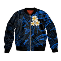 Blue unisex bomber jacket with front zip, ribbed cuffs, blue turtle and plumeria print