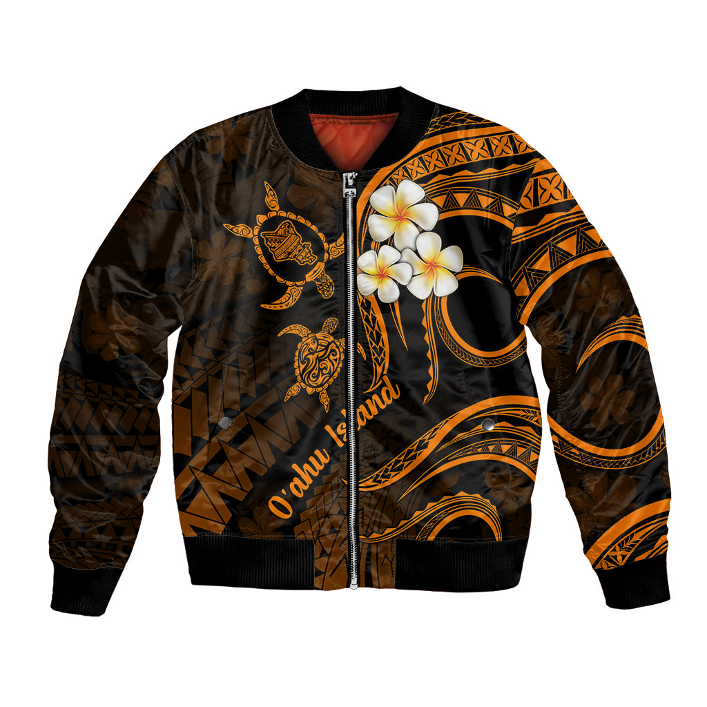 Unisex bomber jacket, black with orange-gold front graphics, plumeria, and zip closure
