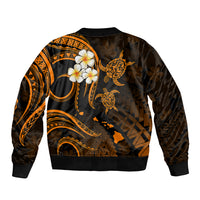 Unisex bomber jacket with black base, orange-gold island graphics and plumeria on back