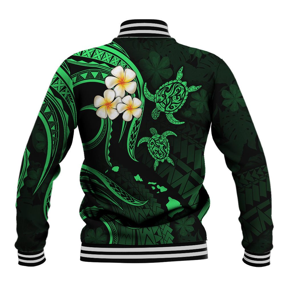Unisex green baseball jacket, striped rib cuffs, large back plumeria and sea turtle graphic