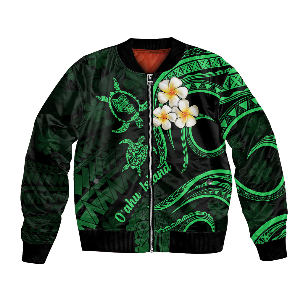Green unisex bomber jacket with front zip and neon floral and turtle graphics