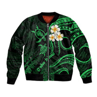 Green unisex bomber jacket with front zip and neon floral and turtle graphics
