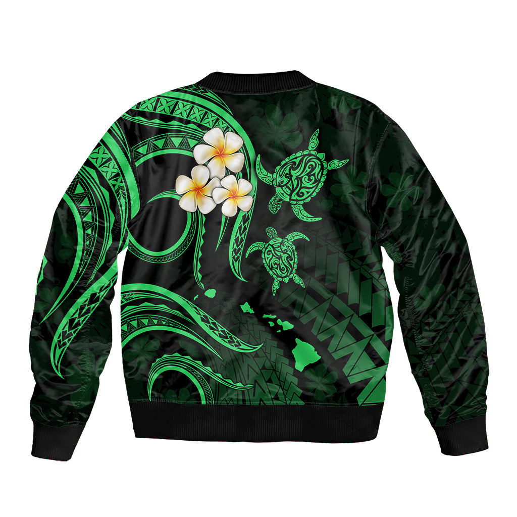 Green unisex bomber jacket with back zip, plumeria flowers and turtle graphics
