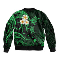 Green unisex bomber jacket with back zip, plumeria flowers and turtle graphics