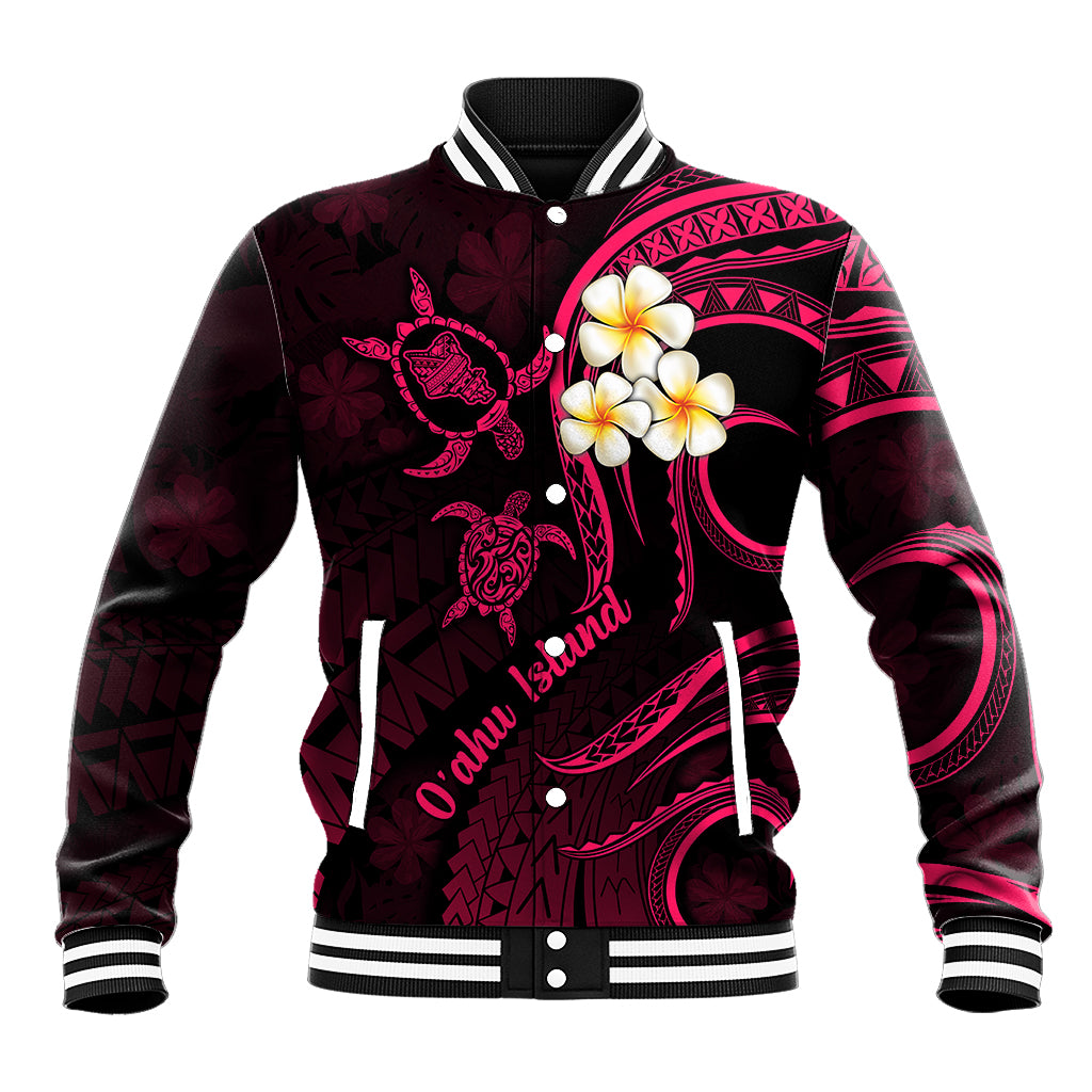 Pink-and-dark baseball jacket with plumeria floral graphic, snap front, ribbed collar