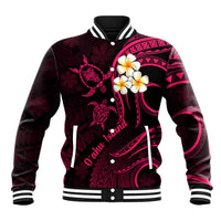 Pink-and-dark baseball jacket with plumeria floral graphic, snap front, ribbed collar
