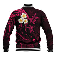 Pink-and-dark baseball jacket back with plumeria floral print, ribbed hem and collar