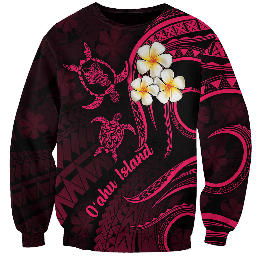 Unisex dark maroon sweatshirt with pink plumeria and turtle island graphic on front