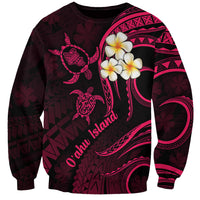 Unisex dark maroon sweatshirt with pink plumeria and turtle island graphic on front