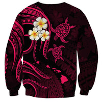 Unisex dark maroon sweatshirt with pink plumeria and turtle island graphic on back