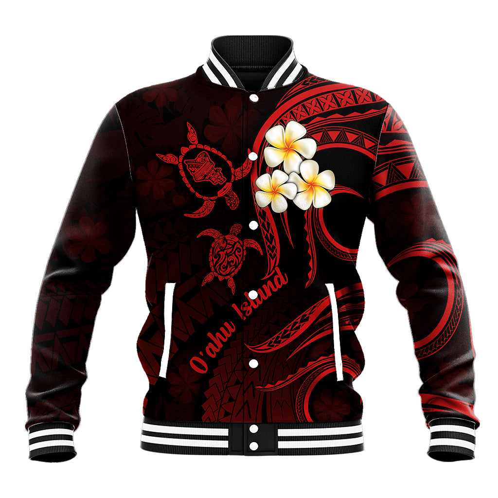 Red baseball jacket with black ribbed collar, snap buttons, and plumeria & turtle graphics