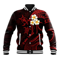 Red baseball jacket with black ribbed collar, snap buttons, and plumeria & turtle graphics
