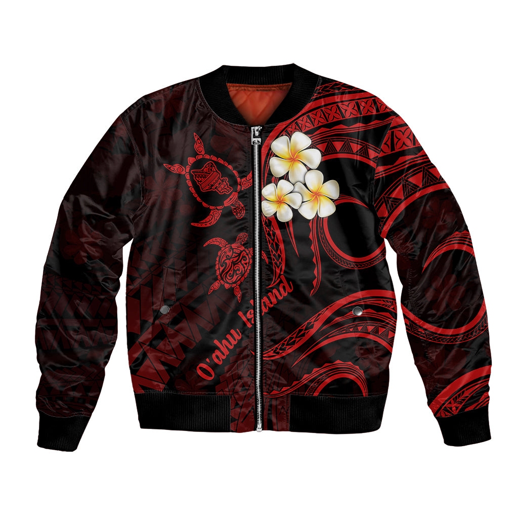 Red-and-black unisex bomber jacket with zip front, plumeria flower patch, ribbed hem