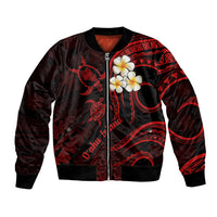 Red-and-black unisex bomber jacket with zip front, plumeria flower patch, ribbed hem
