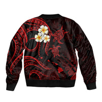Red-and-black unisex bomber jacket, back graphic with plumeria flowers and sea turtle