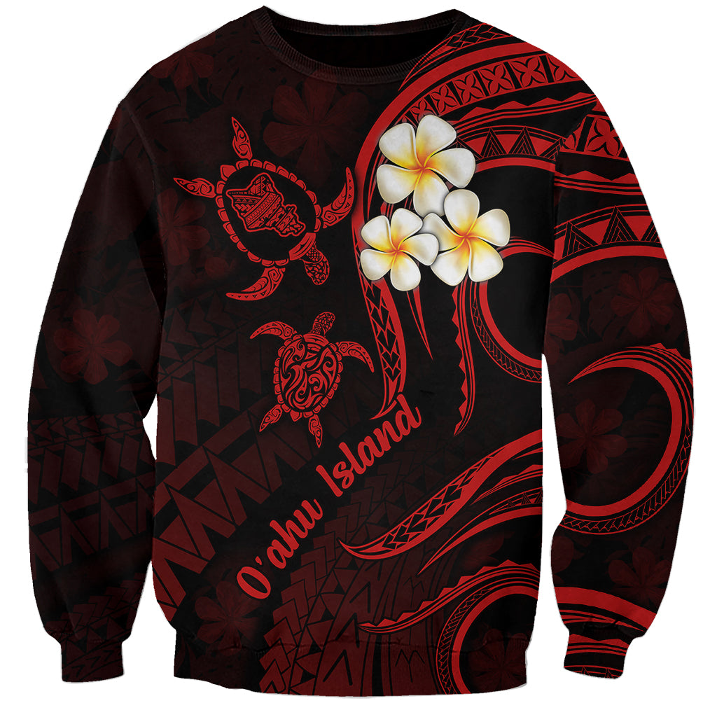 Unisex dark red sweatshirt with turtle, plumeria flowers, and island-style graphics