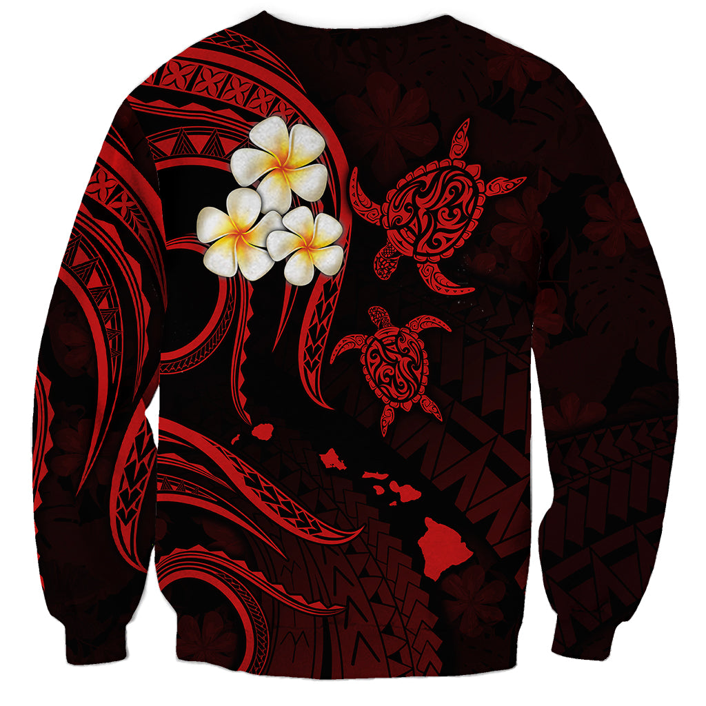 Unisex dark red sweatshirt with red tribal patterns, turtle, and plumeria flowers on back
