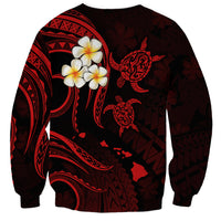 Unisex dark red sweatshirt with red tribal patterns, turtle, and plumeria flowers on back