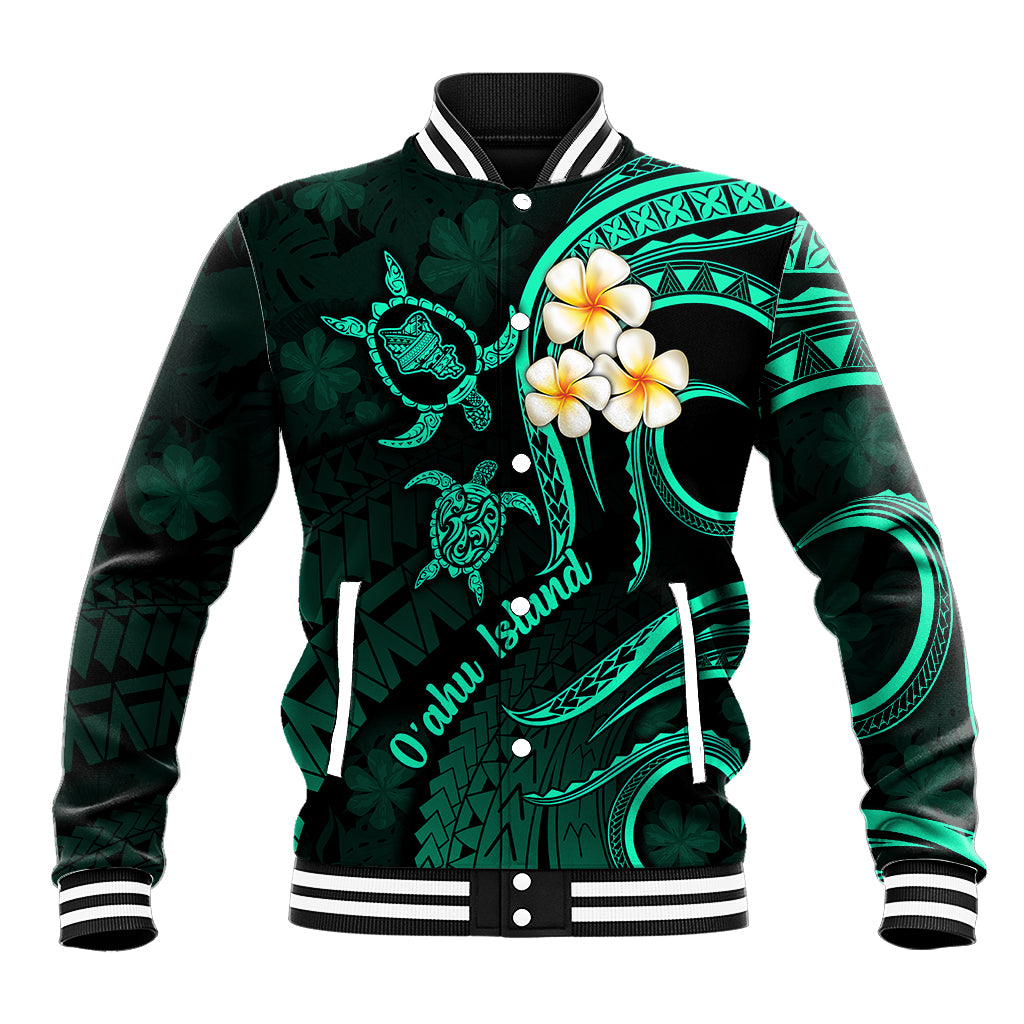 Hawaii baseball jacket in dark turquoise with plumeria, sea turtle graphics, ribbed striped trim