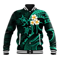 Hawaii baseball jacket in dark turquoise with plumeria, sea turtle graphics, ribbed striped trim