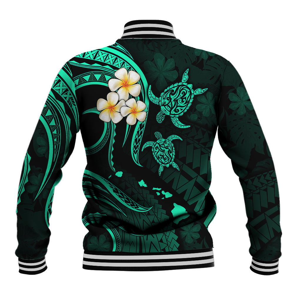 Hawaii baseball jacket dark turquoise with plumeria and turtle back graphic, striped cuffs