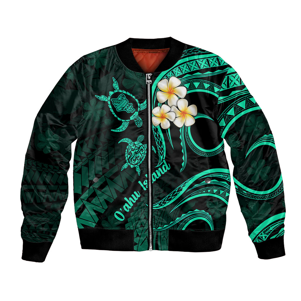 Unisex bomber jacket, black with turquoise bird and plumeria graphic, full-zip